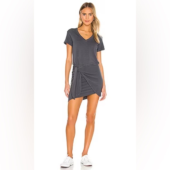 Monrow Supersoft Short Sleeve V Neck Dress with Waist Tie Mini - Picture 1 of 8